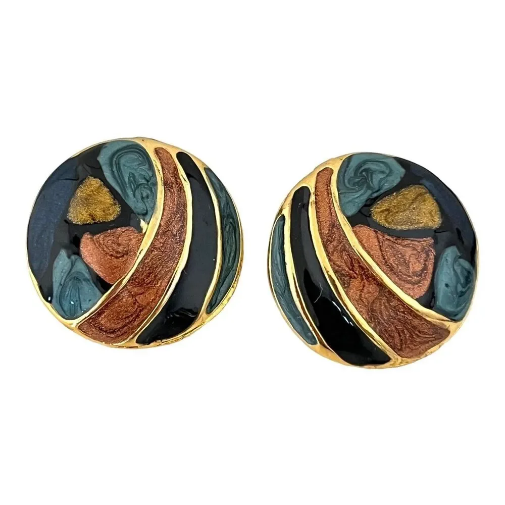 Vintage 1980s Gold Tone Stud Earrings Multicolor Shimmer Enamel Pierced - 3H
